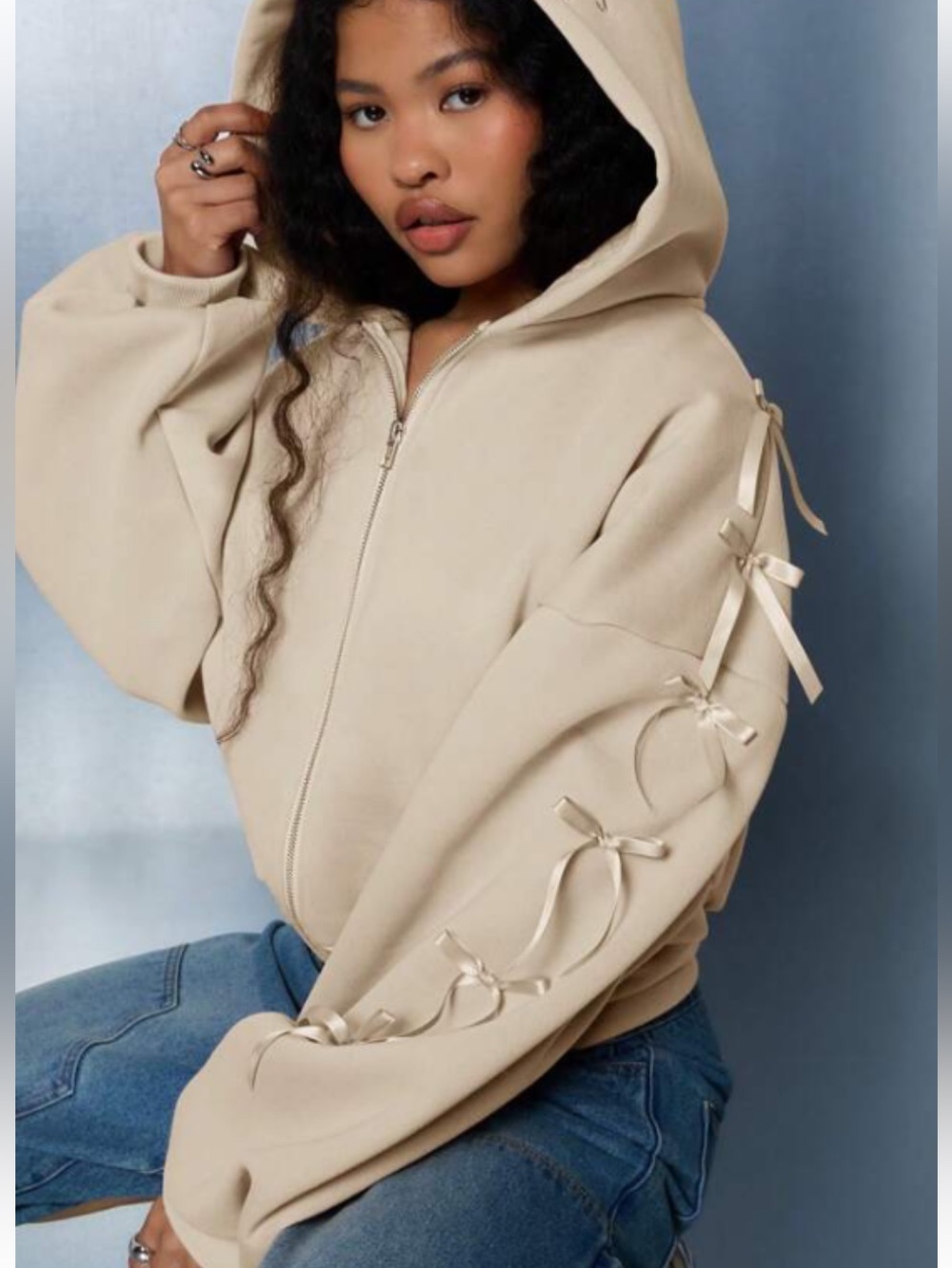 NWT Women’s Cream Zip-Up Hoodie with Ribbon-Sleeve Detail Size Large
